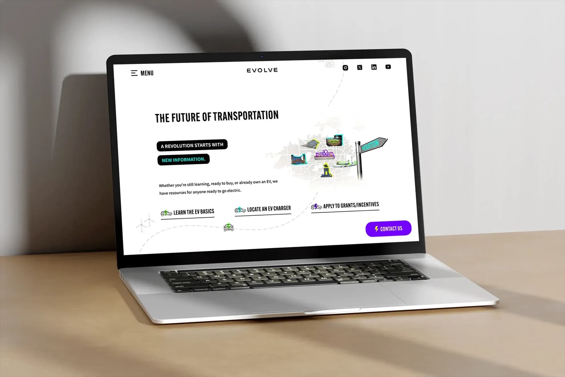 Evolve Houston Custom Website Redesign and Development Project. Example of the website and UI/UX design on a modern computer.